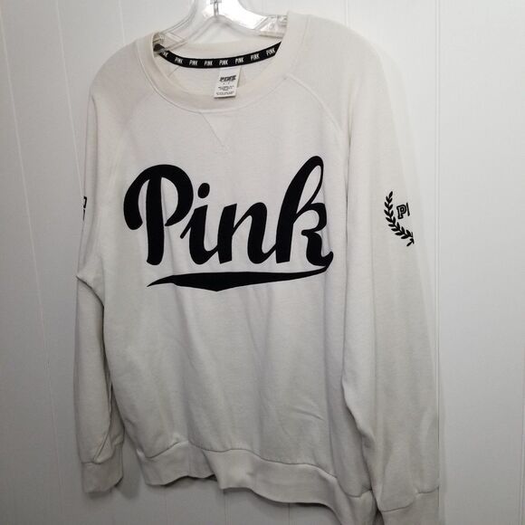 PINK Women's Spell Out Crewneck Sweatshirt White Black Size Small - Picture 2 of 8